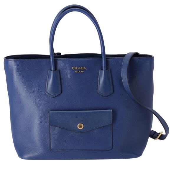 PRADA Logo Tote Bag BN2729 Blue Saffiano Cuir Leather - Picture 1 of 8